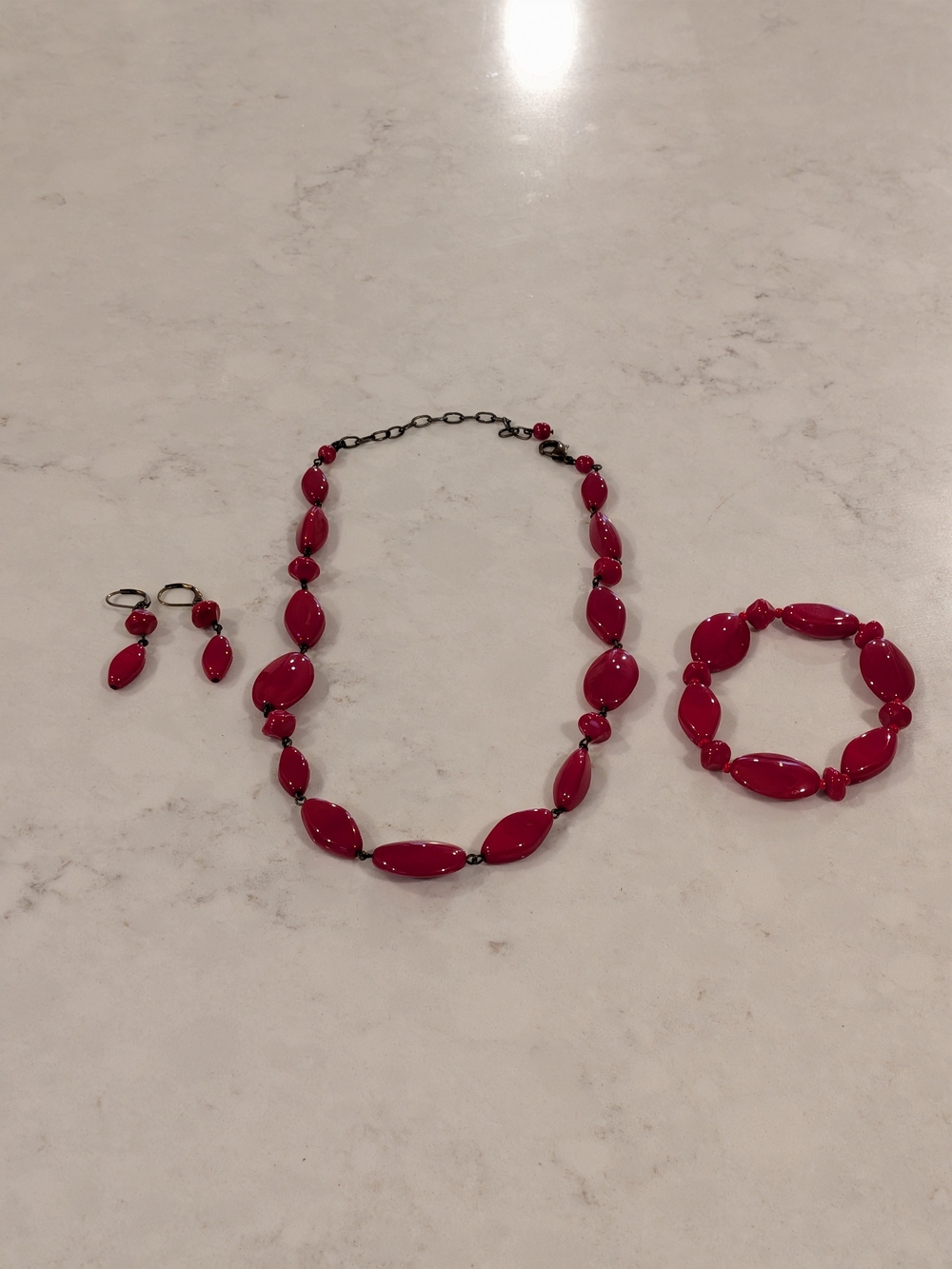 Red Bead Necklace, Bracelet & Earring Set - Women Jewelry